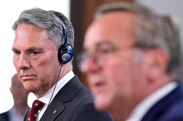 Australian Deputy Prime Minister and Defence Minister Richard Marles (L) and German Defence Minister Boris Pistorius address a press conference at the Foreign Ministry in Berlin on June 8, 2026. (Photo by John MACDOUGALL / AFP)