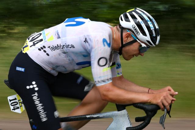 Movistar Team's Spanish rider Raul Garcia Pierna cycles in a breakaway during the 2nd stage of the Tour Auvergne-Rhone-Alpes cycling race (formerly known as the Criterium du Dauphine), 234,3km between Saint-Martin-Le-Vinoux in the French Alps and Le Puy-en-Velay near the Massif Central, on June 8, 2026. (Photo by Anne-Christine POUJOULAT / AFP)