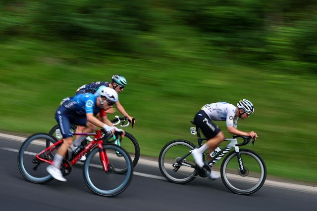 Movistar Team's Spanish rider Raul Garcia Pierna leads a breakaway during the 2nd stage of the Tour Auvergne-Rhone-Alpes cycling race (formerly known as the Criterium du Dauphine), 234,3km between Saint-Martin-Le-Vinoux in the French Alps and Le Puy-en-Velay near the Massif Central, on June 8, 2026. (Photo by Anne-Christine POUJOULAT / AFP)