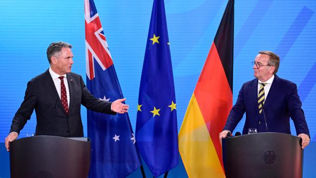 Australian Deputy Prime Minister and Defence Minister Richard Marles (L) and German Defence Minister Boris Pistorius address a press conference at the Foreign Ministry in Berlin on June 8, 2026. (Photo by John MACDOUGALL / AFP)