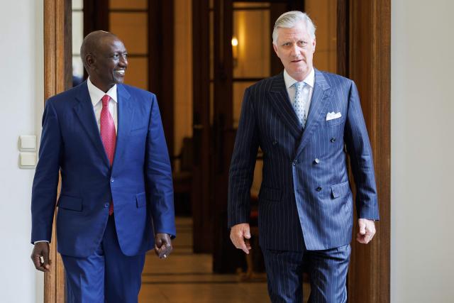 King Philippe - Filip of Belgium (R) welcomes Kenya's President William Ruto ahead of a royal audience, at the Royal Palace, in Brussels, on June 8 2026. (Photo by BENOIT DOPPAGNE / Belga / AFP) / Belgium OUT