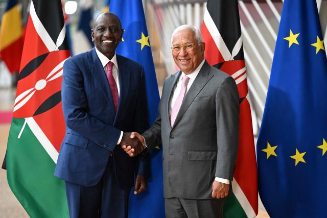 European Council President Antonio Costa (R) welcomes Kenya's President William Ruto (L) as they pose for pictures ahead of a bilateral meeting in Brussels, on June 8, 2026. (Photo by Nicolas TUCAT / AFP)