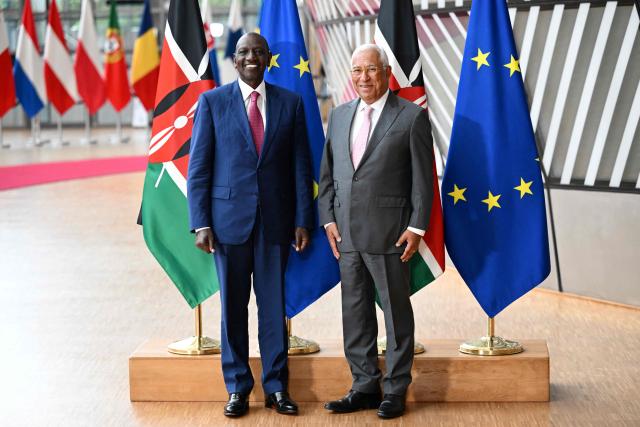 European Council President Antonio Costa (R) welcomes Kenya's President William Ruto (L) as they pose for pictures ahead of a bilateral meeting in Brussels, on June 8, 2026. (Photo by Nicolas TUCAT / AFP)