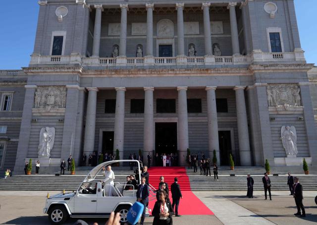 Pope Leo XIV leaves the Almudena Cathedral after leading prayer and devotion to Our Lady of Almudena in Madrid on June 8, 2026. Pope Leo XIV is visiting Spain June 6-12 with stops in Madrid, Barcelona, and the Canary Islands, where he will meet with migrants and organisations dedicated to helping them. (Photo by Cesar MANSO / AFP)
