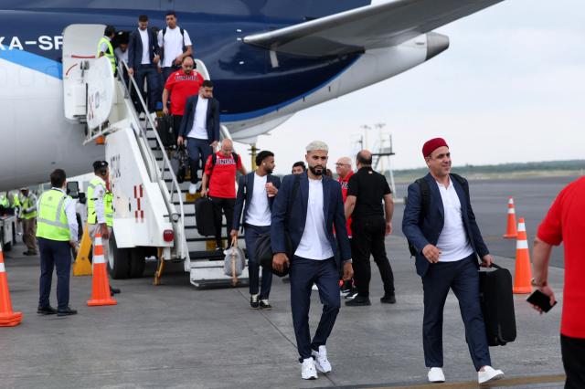 Tunisia's players and staff arrive at Monterrey International Airport in Monterrey, Mexico, on June 8, 2026, ahead of the FIFA 2026 World Cup football tournament. (Photo by Julio Cesar AGUILAR / AFP)