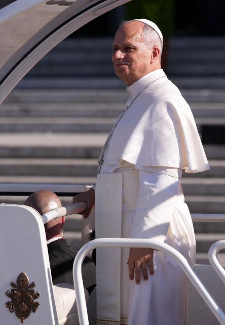 Pope Leo XIV leaves the Almudena Cathedral after leading prayer and devotion to Our Lady of Almudena in Madrid on June 8, 2026. Pope Leo XIV is visiting Spain June 6-12 with stops in Madrid, Barcelona, and the Canary Islands, where he will meet with migrants and organisations dedicated to helping them. (Photo by Cesar MANSO / AFP)