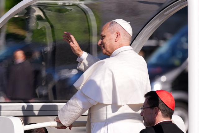 Pope Leo XIV leaves the Almudena Cathedral after leading prayer and devotion to Our Lady of Almudena in Madrid on June 8, 2026. Pope Leo XIV is visiting Spain June 6-12 with stops in Madrid, Barcelona, and the Canary Islands, where he will meet with migrants and organisations dedicated to helping them. (Photo by Cesar MANSO / AFP)