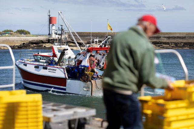 A fisherman's boat comes ashore as another fisherman unloads the catch of the day at the port of Guilvinec, western France on June 8, 2026. (Photo by Fred TANNEAU / AFP)