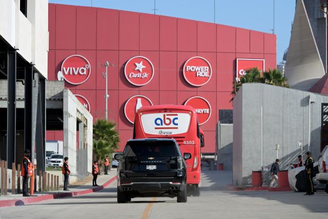 The bus transporting Iran's national football team arrives at the Caliente Stadium for a training session in Tijuana, Mexico, on June 8, 2026, ahead of the FIFA 2026 World Cup football tournament. (Photo by Guillermo Arias / AFP)