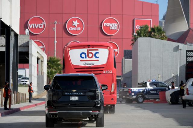 The bus transporting Iran's national football team arrives at the Caliente Stadium for a training session in Tijuana, Mexico, on June 8, 2026, ahead of the FIFA 2026 World Cup football tournament. (Photo by Guillermo Arias / AFP)