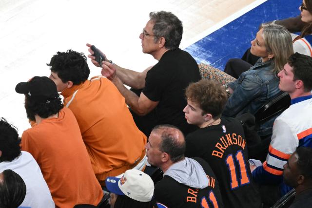 US actor Ben Stiller and his wife Christine Taylor (R) watch Game Three of the NBA Finals between the San Antonio Spurs and the New York Knicks at Madison Square Garden in New York on June 8, 2026. (Photo by SAUL LOEB / AFP)