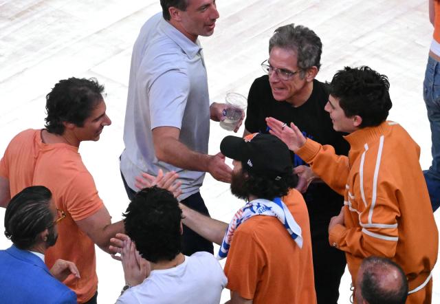 US actor Ben Stiller and US-French actor Timothee Chalamet attend Game Three of the NBA Finals between the San Antonio Spurs and the New York Knicks at Madison Square Garden in New York on June 8, 2026. (Photo by SAUL LOEB / AFP)