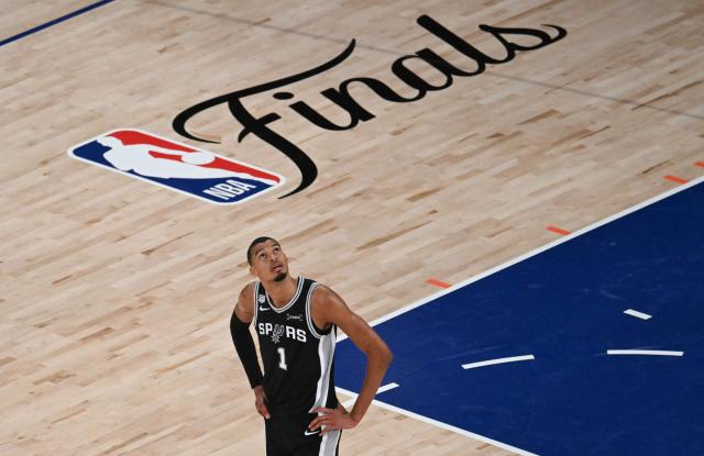 San Antonio Spurs' French forward-center #01 Victor Wembanyama looks up during Game Three of the NBA Finals between the San Antonio Spurs and the New York Knicks at Madison Square Garden in New York on June 8, 2026. (Photo by SAUL LOEB / AFP)