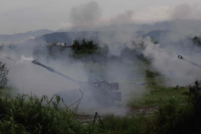 A Taiwanese Army M109A2 self-propelled howitzer fires during a live-fire training exercise in Taichung on June 9, 2026. (Photo by CHENG Yu-chen / AFP)
