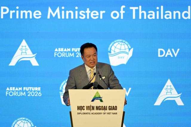 Thailand's Prime Minister Anutin Charnvirakul delivers a speech during the ASEAN Future Forum 2026 at the Melia Hotel in Hanoi on June 9, 2026. (Photo by Nhac NGUYEN / AFP)