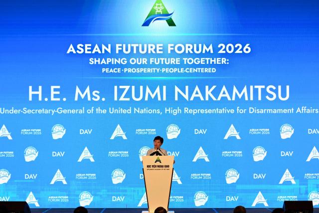 UN High Representative for Disarmament Affairs Izumi Nakamitsu delivers a speech during the ASEAN Future Forum 2026 at the Melia Hotel in Hanoi on June 9, 2026. (Photo by Nhac NGUYEN / AFP)