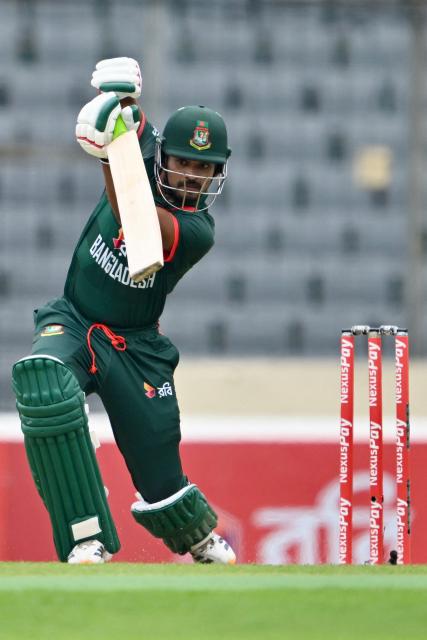 Bangladesh's Najmul Hossain Shanto plays a shot during the first one-day international (ODI) cricket match between Bangladesh and Australia at the Sher-e-Bangla National Cricket Stadium in Dhaka on June 9, 2026. (Photo by MUNIR UZ ZAMAN / AFP)