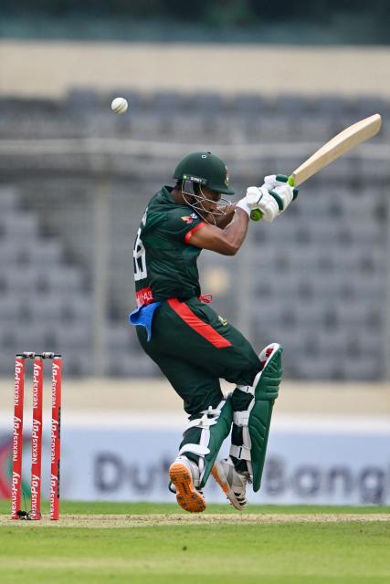 Bangladesh's Najmul Hossain Shanto plays a shot during the first one-day international (ODI) cricket match between Bangladesh and Australia at the Sher-e-Bangla National Cricket Stadium in Dhaka on June 9, 2026. (Photo by MUNIR UZ ZAMAN / AFP)