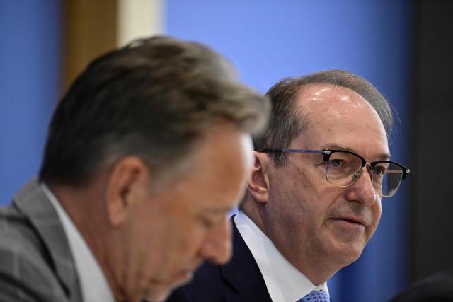 Germany's Interior Minister Alexander Dobrindt (R) and and the head of the Federal Criminal Police Office (BKA), Holger Munch attend a press conference on politically motivated crime in Berlin, on June 9, 2026. Interior Minister Alexander Dobrindt (CSU) and the head of the Federal Criminal Police Office (BKA), Holger Münch presented the annual report on the development of politically motivated crime in Germany. (Photo by Tobias SCHWARZ / AFP)