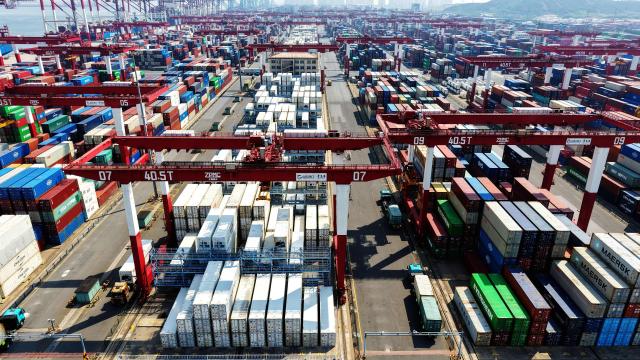 This aerial photo shows a general view of containers at  Qingdao port, in China’s eastern Shandong province on June 9, 2026. (Photo by CN-STR / AFP) / China OUT