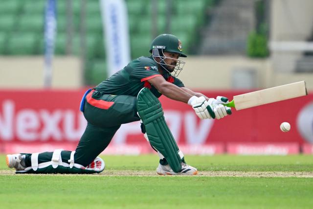 Bangladesh's Najmul Hossain Shanto plays a shot during the first one-day international (ODI) cricket match between Bangladesh and Australia at the Sher-e-Bangla National Cricket Stadium in Dhaka on June 9, 2026. (Photo by MUNIR UZ ZAMAN / AFP)