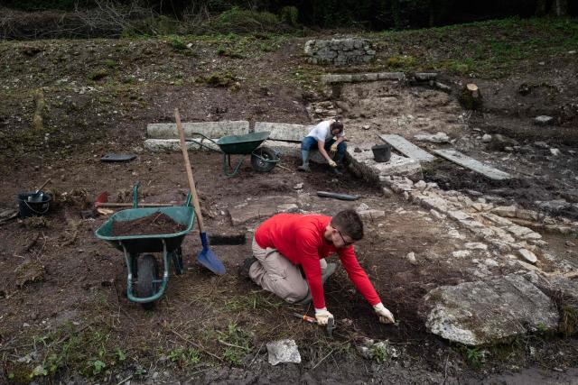 Archaeologists work at the excavation site of the Gallo-Roman sanctuary dedicated to Sequana, the goddess of the river in Source Seine on May 8, 2026. After 60 years of neglect, excavations have resumed at the source of the Seine in Burgundy, at the Gallo-Roman sanctuary dedicated to Sequana, the goddess of the river. (Photo by ARNAUD FINISTRE / AFP)