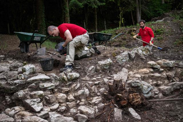 Archaeologists work at the excavation site of the Gallo-Roman sanctuary dedicated to Sequana, the goddess of the river in Source Seine on May 8, 2026. After 60 years of neglect, excavations have resumed at the source of the Seine in Burgundy, at the Gallo-Roman sanctuary dedicated to Sequana, the goddess of the river. (Photo by ARNAUD FINISTRE / AFP)