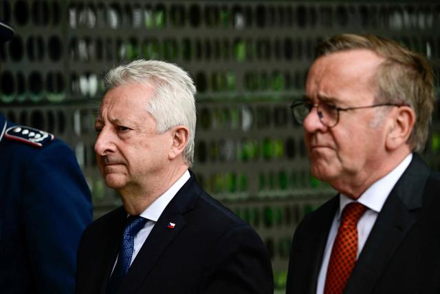 German Defence Minister Boris Pistorius (R) and his Czech counterpart Jaromir Zuna arrive for a wreath-laying ceremony at the Bundeswehr Memorial near the Defence Ministry in Berlin on June 9, 2026. (Photo by Tobias SCHWARZ / AFP)