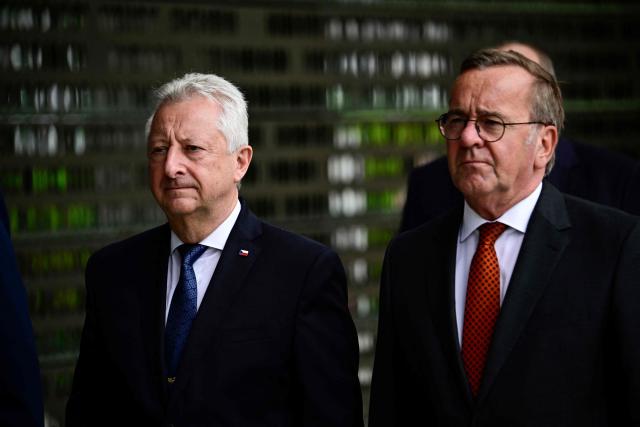 German Defence Minister Boris Pistorius (R) and his Czech counterpart Jaromir Zuna arrive for a wreath-laying ceremony at the Bundeswehr Memorial near the Defence Ministry in Berlin on June 9, 2026. (Photo by Tobias SCHWARZ / AFP)