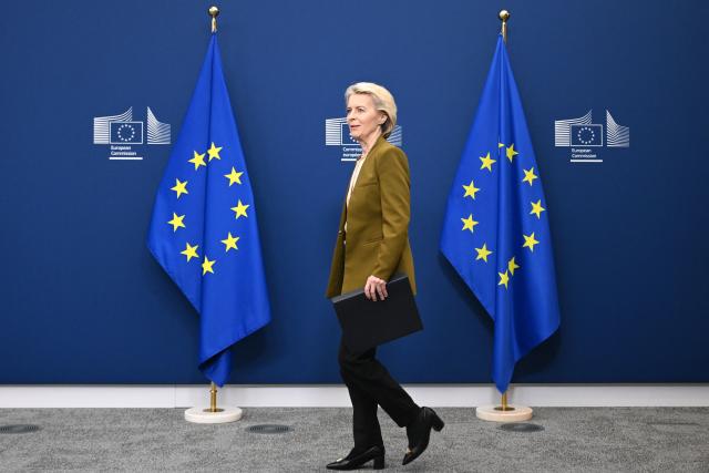 European Commission President Ursula von der Leyen arrives to give a press statement on sanctions against Russia at the EU headquarters in Brussels on June 9, 2026. (Photo by Nicolas TUCAT / AFP)