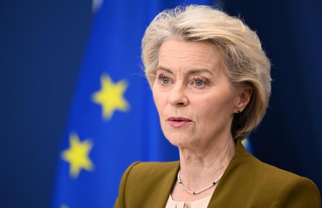 European Commission President Ursula von der Leyen gives a press statement on sanctions against Russia at the EU headquarters in Brussels on June 9, 2026. (Photo by Nicolas TUCAT / AFP)