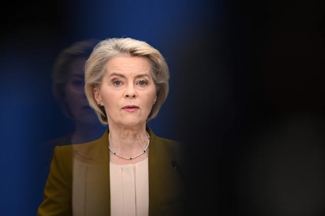 European Commission President Ursula von der Leyen gives a press statement on sanctions against Russia at the EU headquarters in Brussels on June 9, 2026. The EU is seeking to impose an entry ban on Russians who fought in Ukraine, as part of a new round of sanctions on Moscow over the war, European Commission chief Ursula von der Leyen said on June 9, 2026. (Photo by Nicolas TUCAT / AFP)