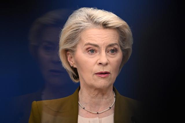 European Commission President Ursula von der Leyen gives a press statement on sanctions against Russia at the EU headquarters in Brussels on June 9, 2026. The EU is seeking to impose an entry ban on Russians who fought in Ukraine, as part of a new round of sanctions on Moscow over the war, European Commission chief Ursula von der Leyen said on June 9, 2026. (Photo by Nicolas TUCAT / AFP)
