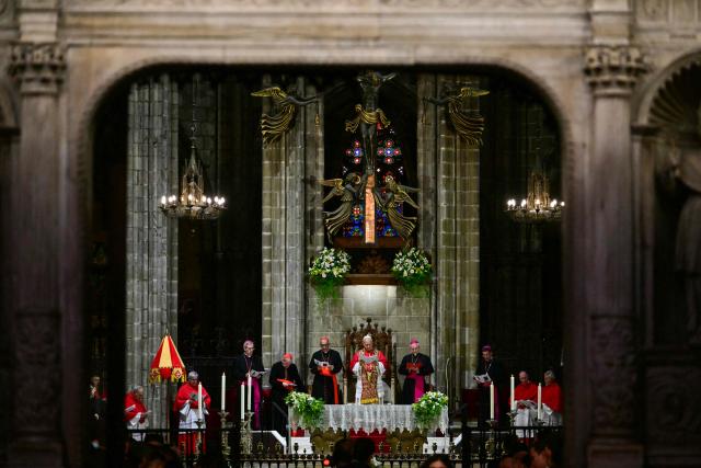 Pope Leo XIV holds a midday prayer in the Cathedral of the Holy Cross and Saint Eulalia in Barcelona, on June 9, 2026. Pope Leo XIV is visiting Spain June 6-12 with stops in Madrid, Barcelona, and the Canary Islands, where he will meet with migrants and organisations dedicated to helping them. (Photo by Stefano RELLANDINI / AFP)