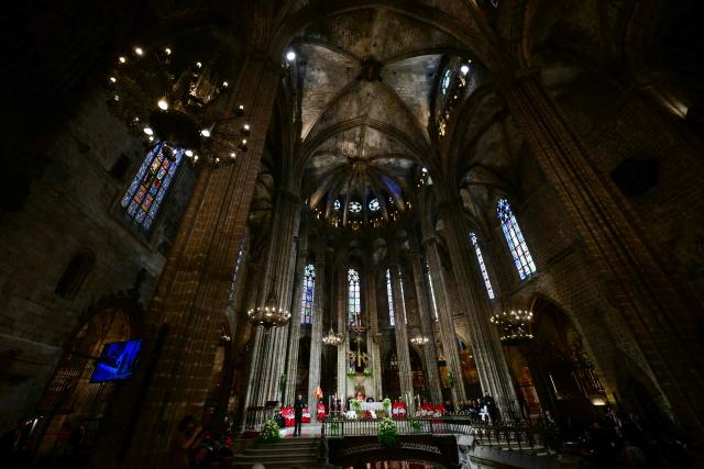 Pope Leo XIV holds a midday prayer in the Cathedral of the Holy Cross and Saint Eulalia in Barcelona, on June 9, 2026. Pope Leo XIV is visiting Spain June 6-12 with stops in Madrid, Barcelona, and the Canary Islands, where he will meet with migrants and organisations dedicated to helping them. (Photo by Stefano RELLANDINI / AFP)