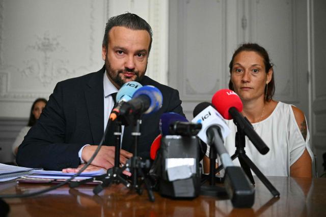 French lawyer Pierre Debuisson and Audrey (a pseudonym), the mother of a child who accused Jerome B of dozens of rapes give a press conference to announce that they are willing to file a complaint against the State and against the Minister of Justice, on June 9, 2026 in Toulouse, southwestern France. Jerome B., the prime suspect in the kidnapping and death of Lyhanna in Fleurance had been the subject of several complaints and reports of rape of minors. Some had been dismissed, but one of them, filed in August 2025, had not been followed up with a sufficiently prompt investigation. And he had neither been questioned nor taken into custody. (Photo by Lionel BONAVENTURE / AFP)