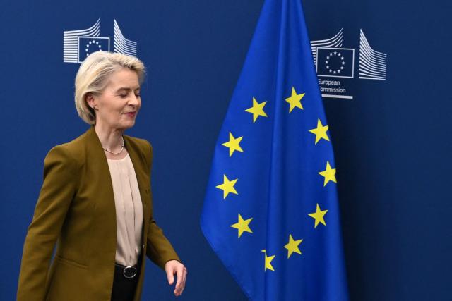 European Commission President Ursula von der Leyen reacts as she leaves after delivering a press statement on sanctions against Russia at the EU headquarters in Brussels on June 9, 2026. The EU is seeking to impose an entry ban on Russians who fought in Ukraine, as part of a new round of sanctions on Moscow over the war, European Commission chief Ursula von der Leyen said on June 9, 2026. (Photo by Nicolas TUCAT / AFP)