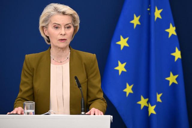 European Commission President Ursula von der Leyen gives a press statement on sanctions against Russia at the EU headquarters in Brussels on June 9, 2026. The EU is seeking to impose an entry ban on Russians who fought in Ukraine, as part of a new round of sanctions on Moscow over the war, European Commission chief Ursula von der Leyen said on June 9, 2026. (Photo by Nicolas TUCAT / AFP)