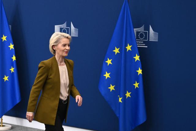 European Commission President Ursula von der Leyen reacts as she leaves after delivering a press statement on sanctions against Russia at the EU headquarters in Brussels on June 9, 2026. The EU is seeking to impose an entry ban on Russians who fought in Ukraine, as part of a new round of sanctions on Moscow over the war, European Commission chief Ursula von der Leyen said on June 9, 2026. (Photo by Nicolas TUCAT / AFP)