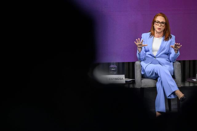 Candidate for the selection and appointment of the next United Nations Secretary-General,  Former Ecuadorian Minister of Foreign Affairs Maria Fernanda Espinosa speaks as she takes part in a debate organized by GWL Voices, in Geneva on June 9, 2026. (Photo by Fabrice COFFRINI / AFP)