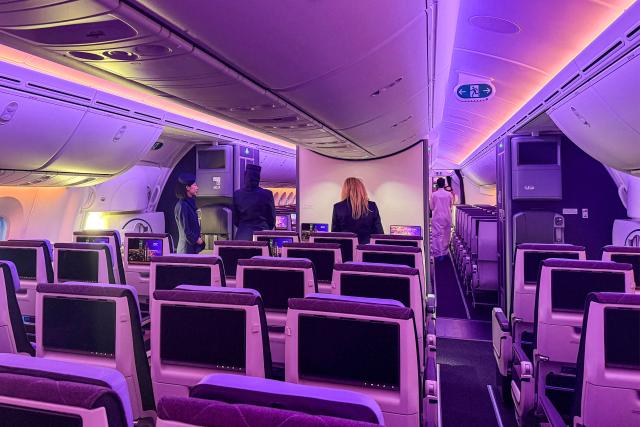 Hostesses stand inside a Boeing 787-9 Dreamliner aircraft of Saudi airline Riyadh Air at King Khalid International Airport in Riyadh on June 7, 2026. (Photo by Sofiane ALSAAR / AFP)