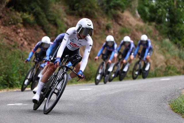 Alpecin-Premier Tech's Belgian rider Ramses Debruyne leads his team as they cycle during the 3rd stage of the Tour Auvergne-Rhone-Alpes cycling race (formerly known as the Criterium du Dauphine), 28,4km team time trial departing and arriving in Perreux central France, on June 9, 2026. (Photo by Anne-Christine POUJOULAT / AFP)