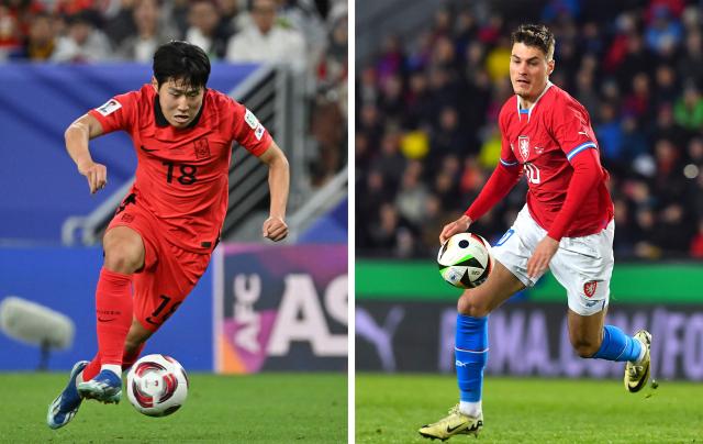(COMBO) This combination of file photos created on June 9, 2026, shows South Korea's midfielder #18 Lee Kang-in al-Wakrah, south of Doha, on February 2, 2024 (L); and Czech Republic's forward #10 Patrik Schick in Prague, Czech Republic, on March 26, 2024. South Korea and the Czech Republic will meet in Guadalajara Stadium in Guadalajara on June 11, 2026, during the 2026 FIFA World Cup football tournament. (Photo by Hector RETAMAL and Michal CIZEK / AFP)