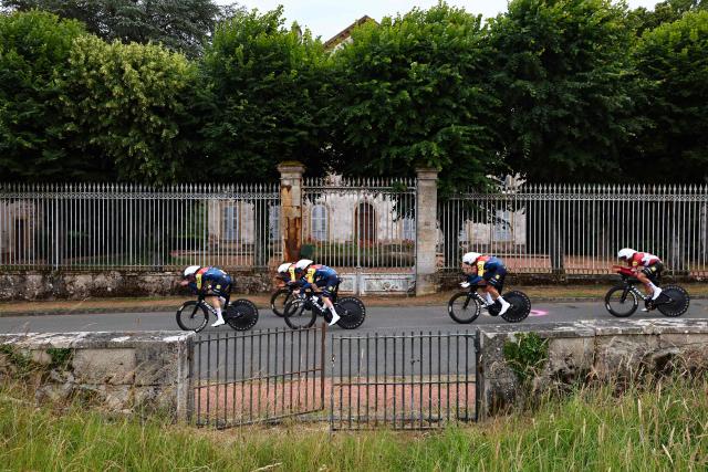 Lidl-Trek's riders cycle during the 3rd stage of the Tour Auvergne-Rhone-Alpes cycling race (formerly known as the Criterium du Dauphine), 28,4km team time trial departing and arriving in Perreux central France, on June 9, 2026. (Photo by Anne-Christine POUJOULAT / AFP)