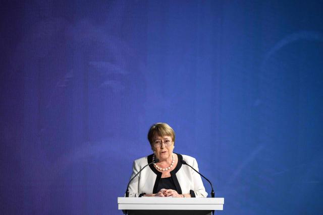 Candidate for the selection and appointment of the next United Nations Secretary-General,  former Chilean President Michelle Bachelet speaks as she takes part in a debate organized by GWL Voices, in Geneva on June 9, 2026. (Photo by Fabrice COFFRINI / AFP)
