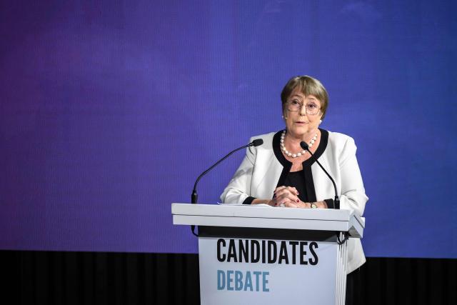 Candidate for the selection and appointment of the next United Nations Secretary-General,  former Chilean President Michelle Bachelet speaks as she takes part in a debate organized by GWL Voices, in Geneva on June 9, 2026. (Photo by Fabrice COFFRINI / AFP)