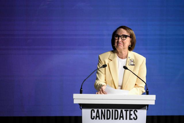 Candidate for the selection and appointment of the next United Nations Secretary-General, Costa Rican economist Rebeca Grynspan reacts as she takes part in a debate organized by GWL Voices, in Geneva on June 9, 2026. (Photo by Fabrice COFFRINI / AFP)