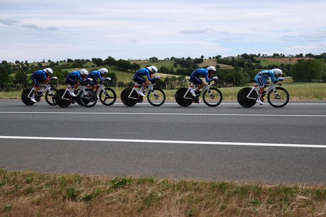 Groupama-FDJ United's tam riders cycle during the 3rd stage of the Tour Auvergne-Rhone-Alpes cycling race (formerly known as the Criterium du Dauphine), 28,4km team time trial departing and arriving in Perreux central France, on June 9, 2026. (Photo by Anne-Christine POUJOULAT / AFP)