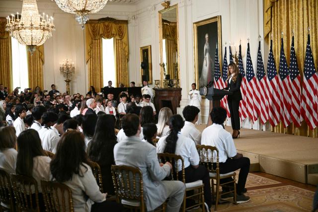 First Lady Melania Trump speaks during the Presidential Artificial Intelligence Challenge National Champion Awards Ceremony in the East Room of the White House in Washington, DC on June 9, 2026. (Photo by Brendan SMIALOWSKI / AFP)