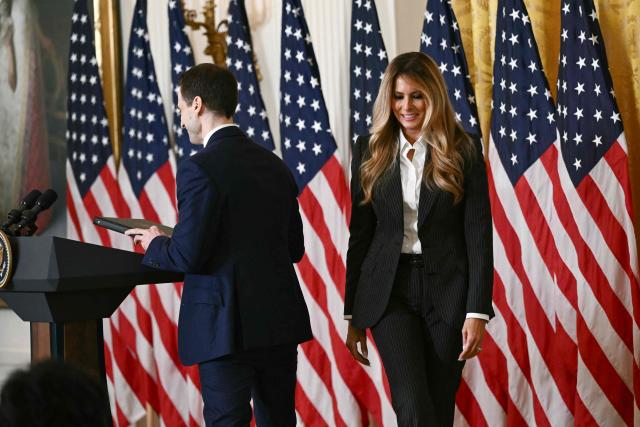 First Lady Melania Trump departs after speaking during the Presidential Artificial Intelligence Challenge National Champion Awards Ceremony in the East Room of the White House in Washington, DC on June 9, 2026. (Photo by Brendan SMIALOWSKI / AFP)